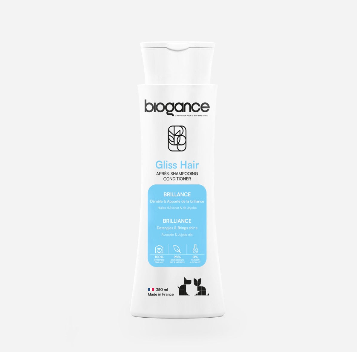 Après-shampoing chien & chat brillance Gliss Hair – Démêle & fait briller le pelage – Biogance